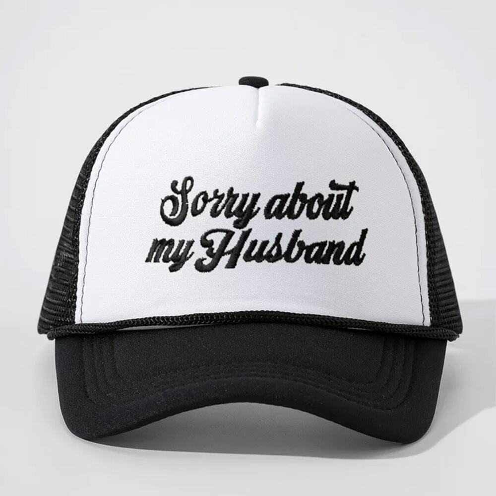 Sorry About My Husband Black White Mesh Embroidered Trucker Hat NWT